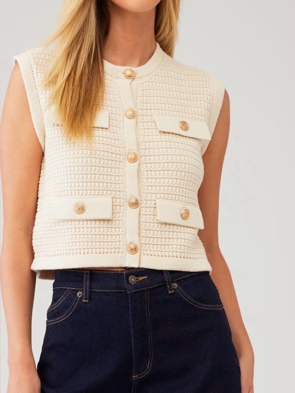 Blank NYC Knit Vest with Gold Medallion Buttons